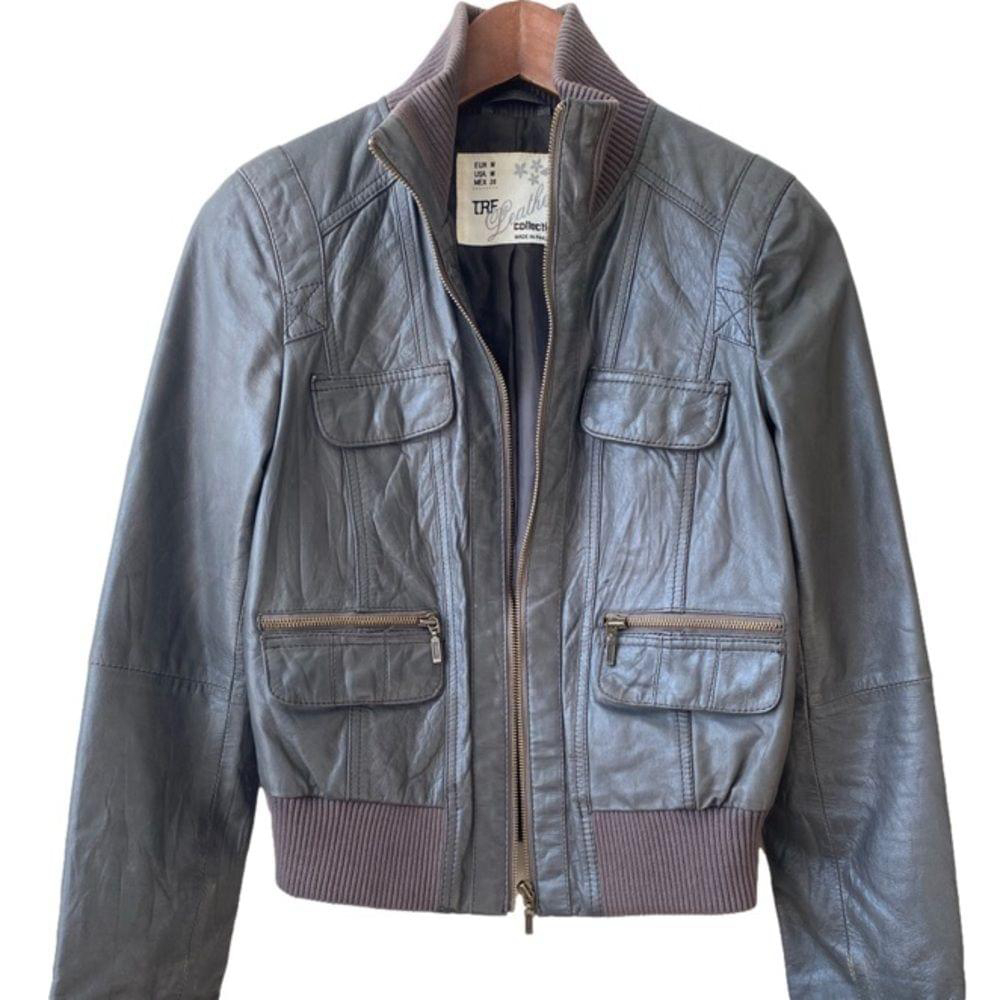 Zara TRF Vintage Style Genuine Leather Grey Green Bomber Jacket Coat Women MED